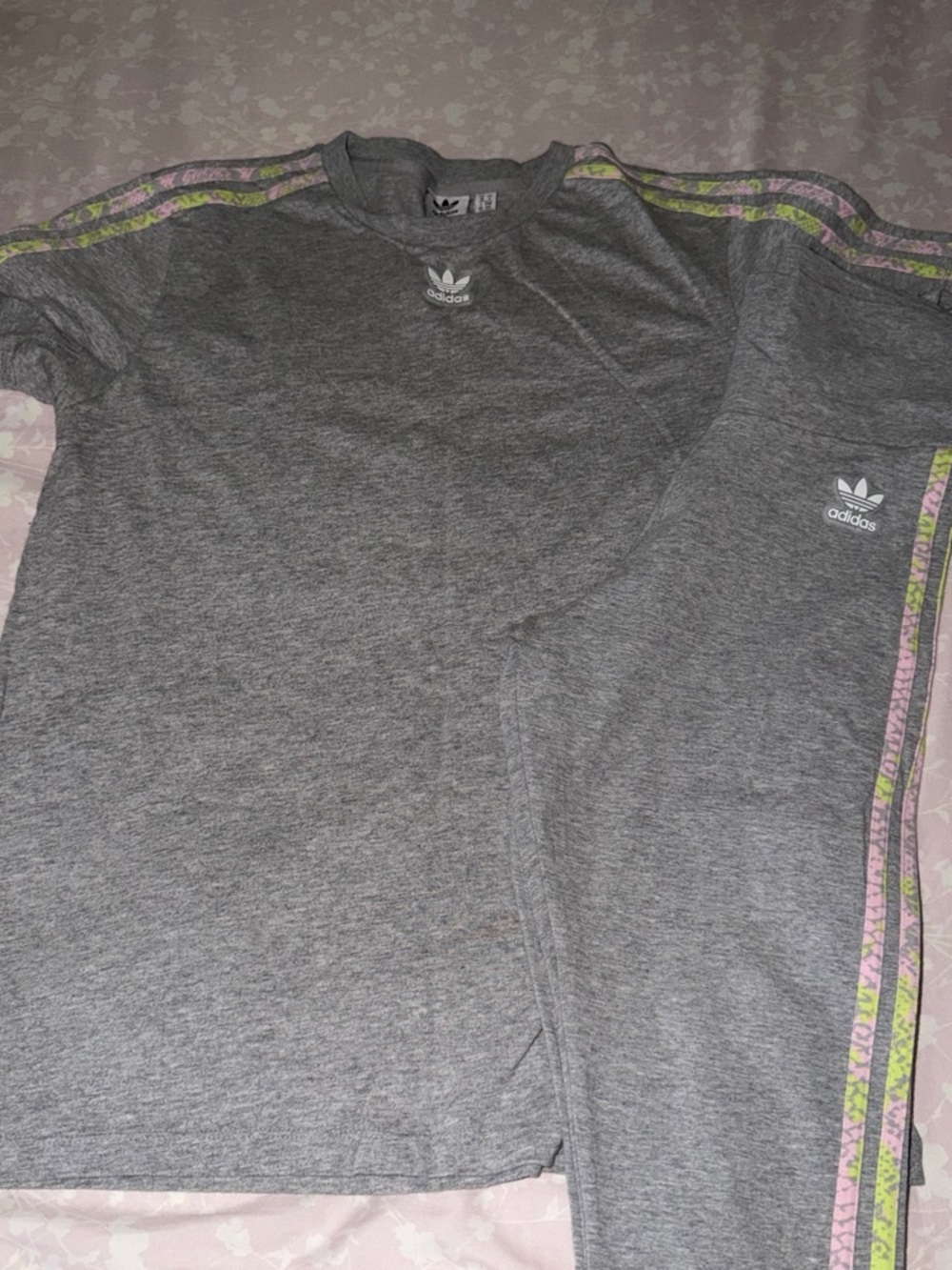 adidas Gray Crewneck Shirt with Pink and Lime Accent Stripes